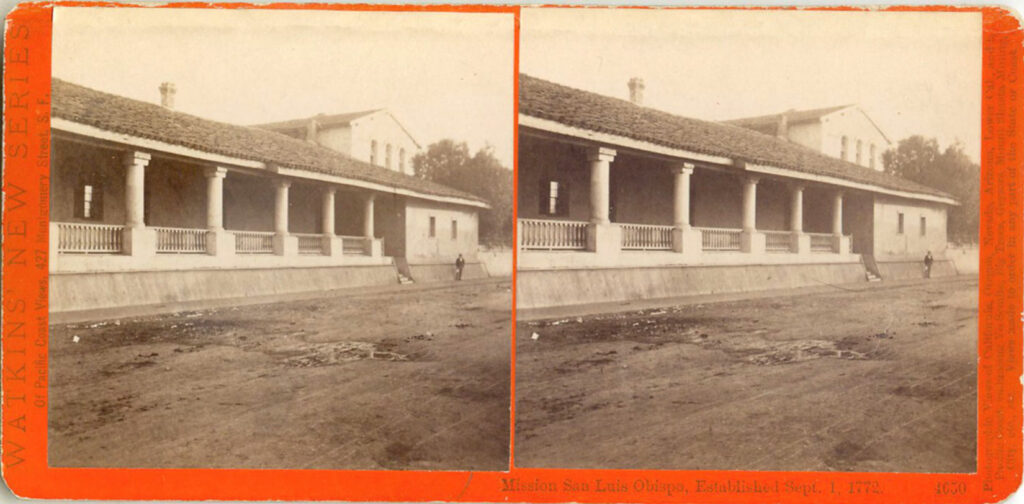 Carleton Watkins. Mission San Luis Obispo, Established Dec. 4, 1786, c. 1877. Stereoview
